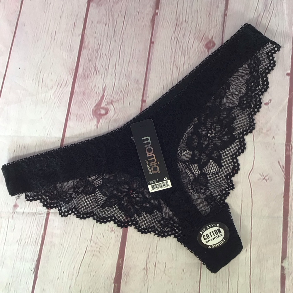 Mamia Black Floral Lace Thong Panties Underwear - Size XL